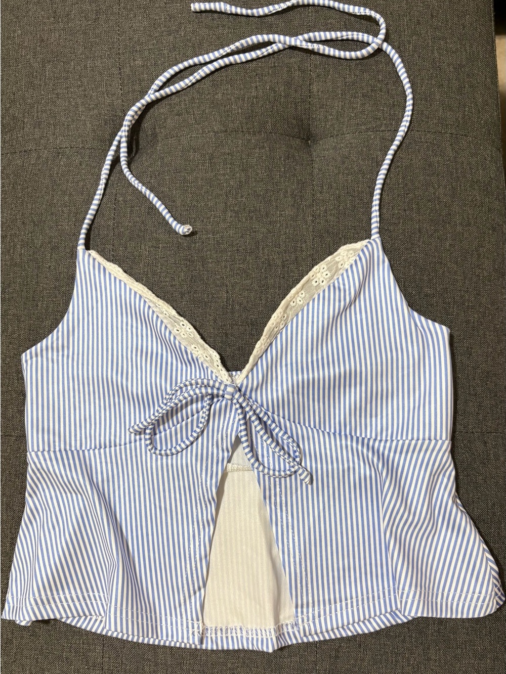Blue and White Striped Tie-Front Cami with Lace Trim, pink top